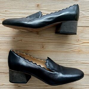 Chloé Scalloped Leather Pumps Black Block Heel | Size 38